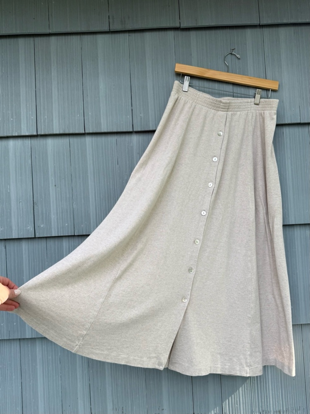 vintage button down maxi circle skirt, linen + cotton, cream / khaki, sz large